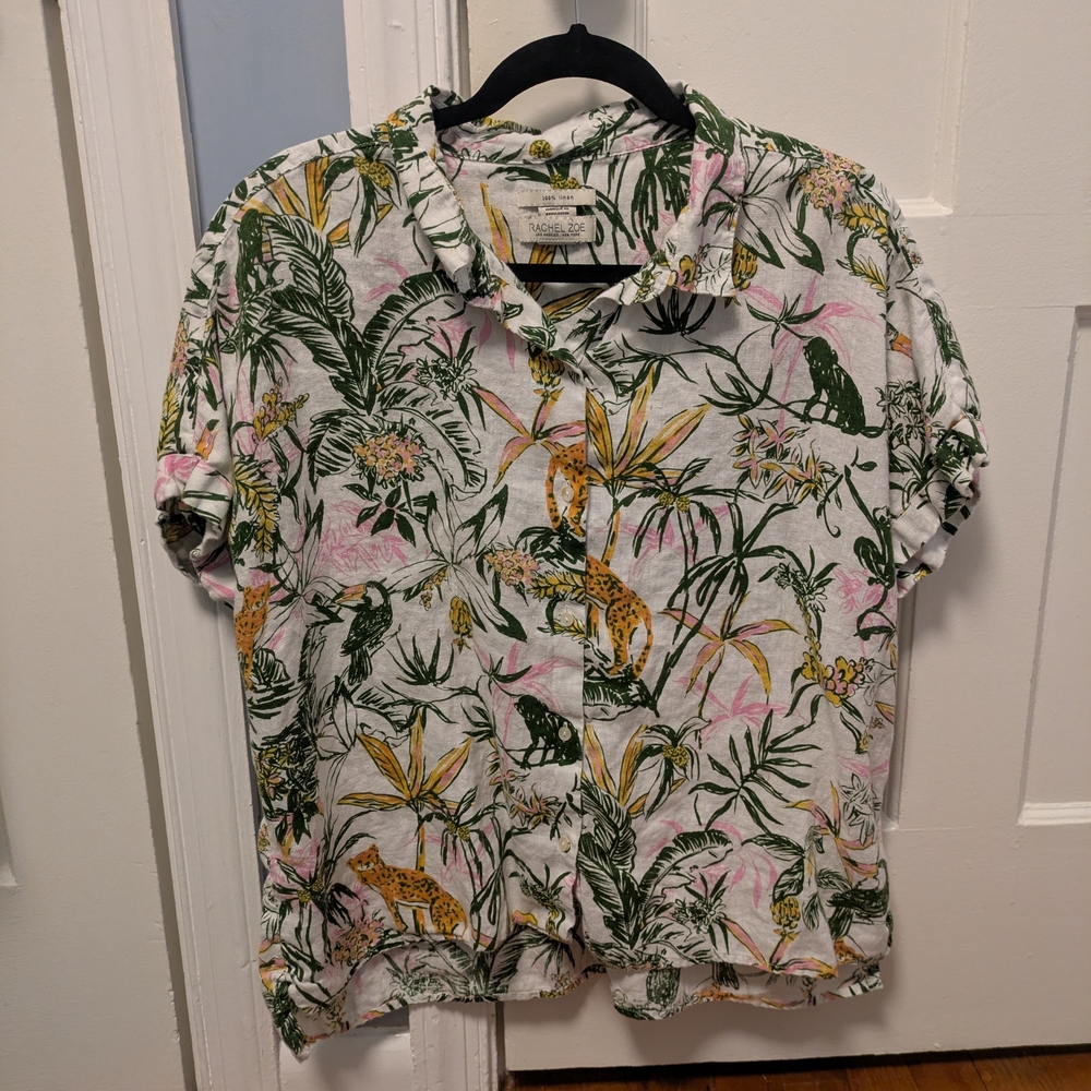 Tropical Print Linen Camp Shirt By Rachel Zoe